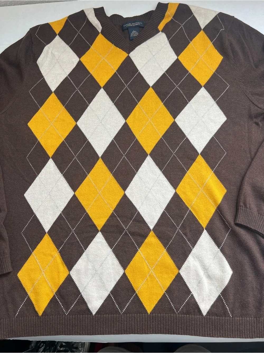 Banana Republic Brown V-Neck Argyle Sweater Yellow & Cream Diamonds Cashmere L